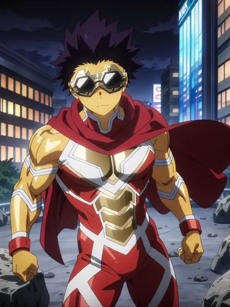 (masterpiece, best quality, anime, anime coloring:1.3, superhigh res). (((Superhero, muscular build, red spandex suit with white details /golden, rock-style sunglasses ,  golden skin, red cape,  metal mask with small holes using Hamon ,  dark purple hair a...