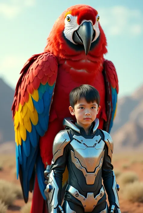 A very cute, super realistic  and a big and powerful parrot walking behind him who is all futuristic and that the bull and the boy have futuristic armor.