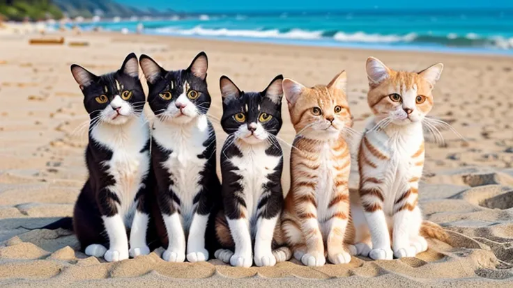 Nine cats stand upright on their hind legs like a perfectly trained cheer squad, raising their front paws in flawless unison—some with determined expressions, others looking mildly confused about how they got here. Their fur patterns range from pure white ...