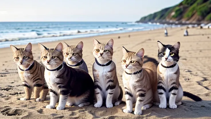 Nine cats stand upright on their hind legs like a perfectly trained cheer squad, raising their front paws in flawless unison—some with determined expressions, others looking mildly confused about how they got here. Their fur patterns range from pure white ...