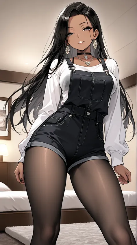 1Girl, Mature, African American, Dark Skin, Jet Black Straight Hair, Long Hair, Shiny Hair, Bright Grey Eyes, Medium Breasts, Black And White Stripes Long Sleeved-Shirt, Exposed White Bra Strap, Black Tight Shortalls, Black Pantyhose, Black Choker Necklace...