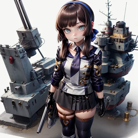 mogador \(kancolle\), 1girl, solo, gloves, thighhighs, skirt, black gloves, necktie, full body, black skirt, jacket, white background, standing, simple background, rudder footwear, thigh strap, boots, looking at viewer, black hair, pleated skirt, long slee...