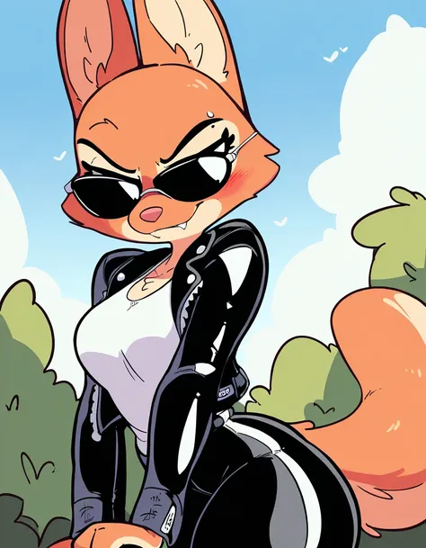 (masterpiece, best quality, very aesthetic, absurdres, shaded) 1girl, female, diane_foxington_illust, anthro, furry, animal ears, smirk, fangs,  sunglasses, black leather jacket, white shirt, black pants, cute face, blush, outdoors, by diives