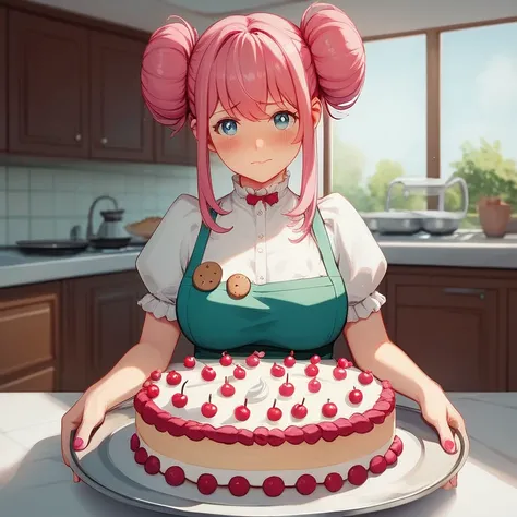 monster girl, dessert girl ,  girl made of cake ,  pink hair,  hair with colored sprinkles,  hair with cherries , Ojos azules, ropa de kitchen, ropa de kitchen rosa,  cup boobs giant boobs, kitchen, guantes de kitchen,  cookie tray ,  holding the tray , ne...