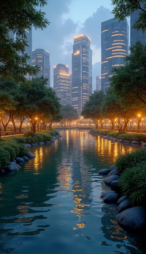 Tranquil urban lake in a park, reflecting golden city lights.