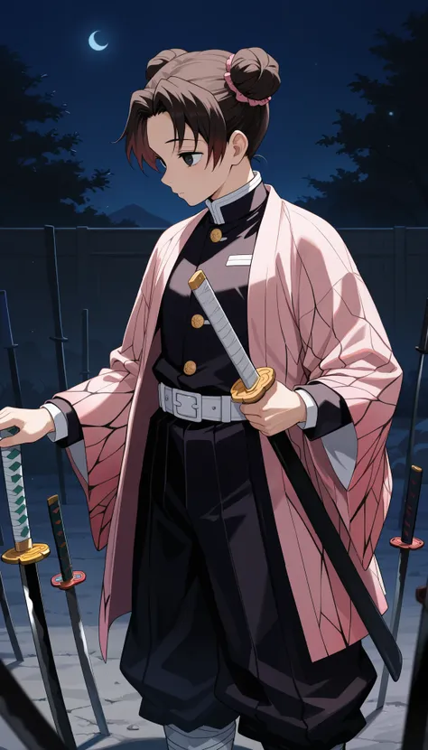 Tenten, demon slayer uniform, 1boy, night, pink kimono, masterpiece, highly-detailed, katana, double bun, black eyes, dark brown hair, planted weapons