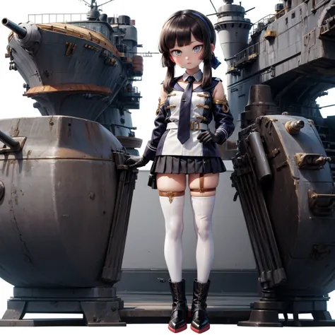 mogador \(kancolle\), 1girl, solo, gloves, thighhighs, skirt, black gloves, necktie, full body, black skirt, jacket, white background, standing, simple background, rudder footwear, thigh strap, boots, looking at viewer, black hair, pleated skirt, long slee...