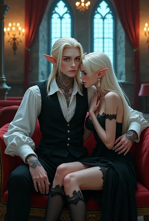 Two albino brothers with platinum hair ,  young people pose together in a luxurious Gothic castle with dim and dramatic lighting .  The man has very long light blonde hair ,  pale skin and light eyes ,  and wears an elegant Victorian outfit with a white sh...