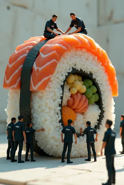 Create a picture of little workers in black uniforms with hito written on them making huge sushi