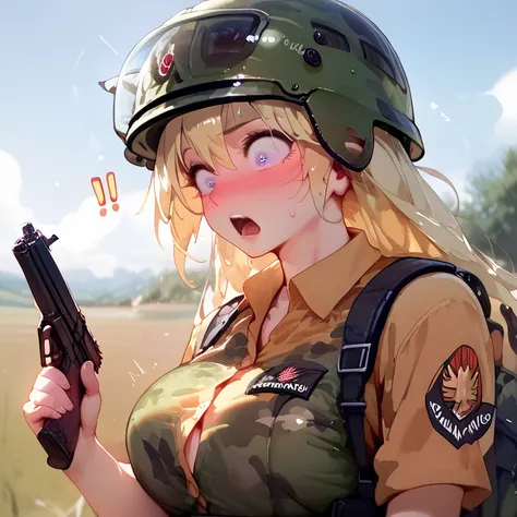 chica, military girl, camouflage clothes , camouflage helmet, huge boobs,  button from the shirt flew out,  a button is missing from the shirt , military backpack, Gun in hand, Ojos azules,  long hair blonde hair ,  surprised,  blushing, war field 