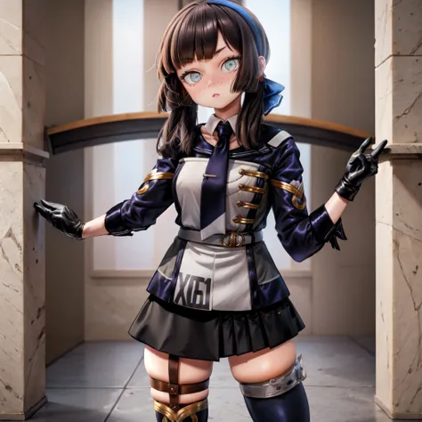 mogadorKC, thighhighs, black gloves,long sleeves, jacket,pleated skirt, necktie, miniskirt, black skirt, skindentation, thigh strap, freckles, asymmetrical legwear,blue hairband