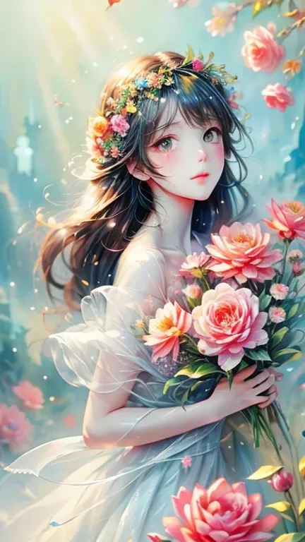  high quality image 、 beautiful girl 、  Beautiful Illustrations 、Bouquet in hand、The background is full of light、 anime-like、Two-dimensional elements、drawing style free art、