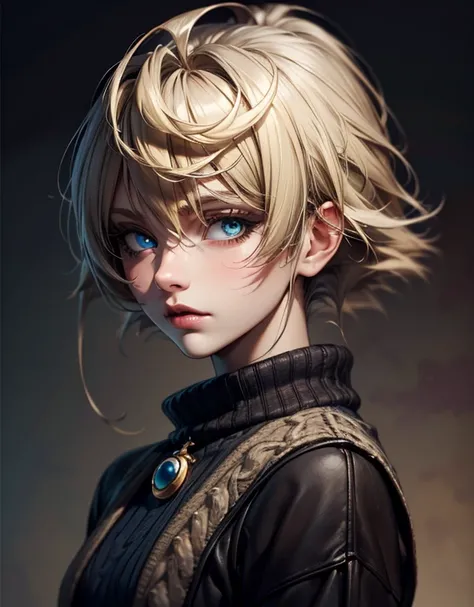 (masterpiece, best quality, highly detailed, mature, adult) female, solo, ash blonde hair, short hair, shag hairstyle, blue eyes, beautiful face, beautiful colors, parted bangs, modern clothing, tomboyish style, sweater