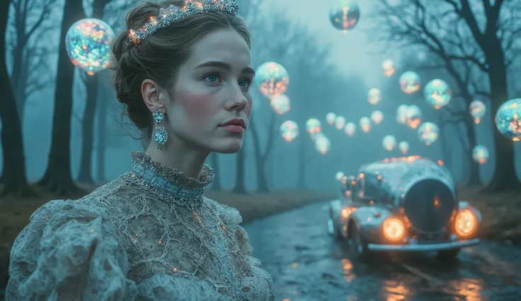 In the heart of the Norwegian forest, spring has arrived, and a rave is in full swing, blending Victorian elegance with high-tech futurism. A close-up of a Nordic woman in a Victorian dress with lace, but adorned with glowing, cybernetic accessories like a...