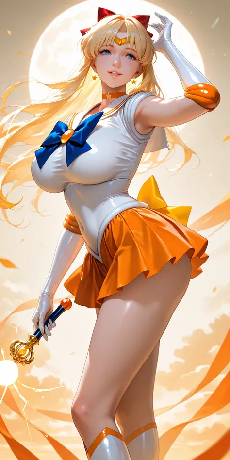 Masterpiece, newest, vibrant, very aesthetic, high contrast, mature woman, sailor venus\(sailor venus\), tall , big breast, white sailor senshi uniform (white sailor senshi uniform shirt, white sailor senshi uniform gauntlets, white sailor senshi uniform s...