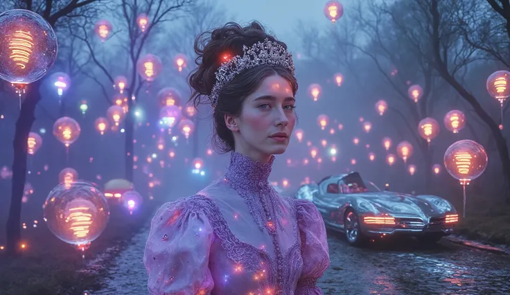 In the heart of the Norwegian forest, spring has arrived, and a rave is in full swing, blending Victorian elegance with high-tech futurism. A close-up of a Nordic woman in a Victorian dress with lace, but adorned with glowing, cybernetic accessories like a...