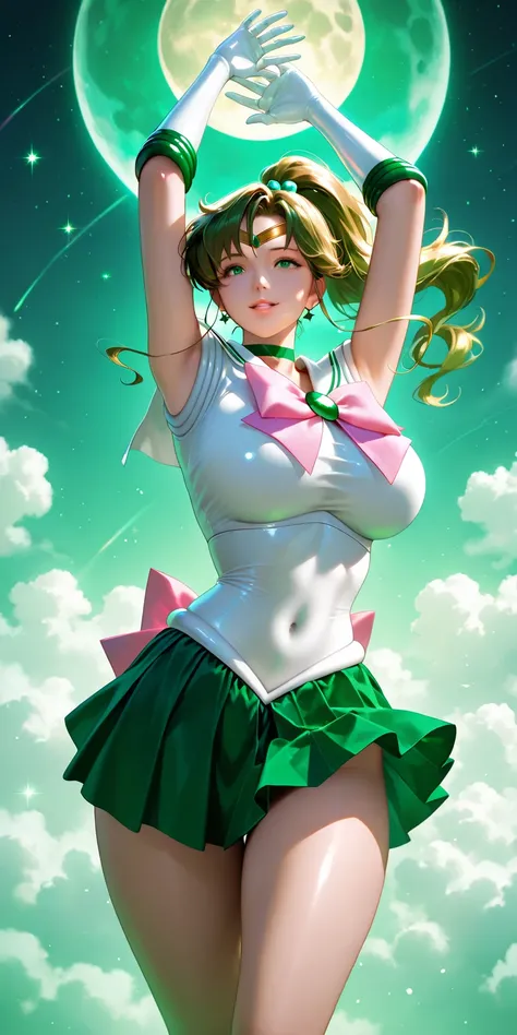 Masterpiece, newest, vibrant, very aesthetic, high contrast, mature woman, sailor jupiter\(sailor jupiter\), tall , big breast, white sailor senshi uniform (white sailor senshi uniform shirt, white sailor senshi uniform gauntlets, white sailor senshi unifo...