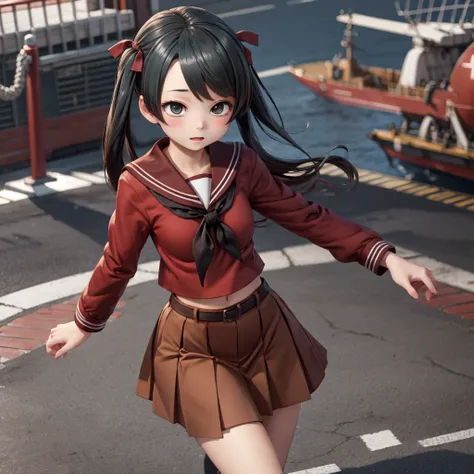 MikumaKC, 1girl, solo, MikumaUniform, red serafuku, long sleeves, brown sailor collar, brown skirt,
