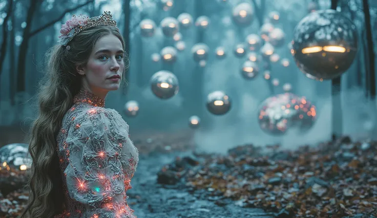 In the heart of the Norwegian forest, spring has arrived, and a rave is in full swing, blending Victorian elegance with high-tech futurism. A close-up of a Nordic woman in a Victorian dress with lace, but adorned with glowing, cybernetic accessories like a...