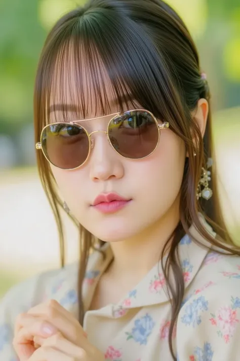 "A cute woman wearing stylish sunglasses, with short brown hair, a soft smile, and a casual summer outfit. She is standing in a sunny park, with green trees in the background, creating a relaxed and cheerful vibe."









































