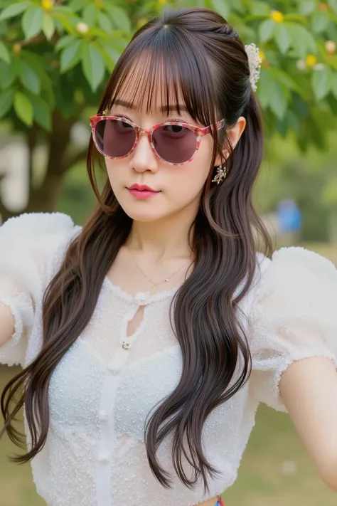 "A cute woman wearing stylish sunglasses, with short brown hair, a soft smile, and a casual summer outfit. She is standing in a sunny park, with green trees in the background, creating a relaxed and cheerful vibe."









































