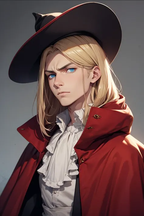  Young man with blue eyes,  blond , wearing a red cloak , red puritan hat ,  arrogant look 