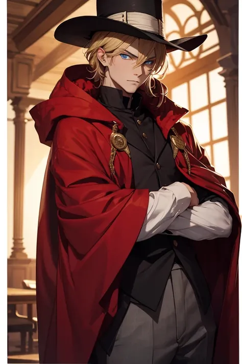  Young man with blue eyes,  blond , wearing a red cloak , red puritan hat ,  arrogant look 