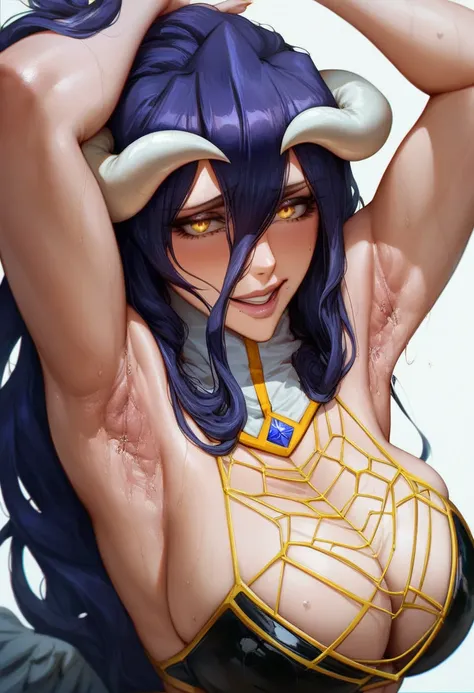  grotesque(( BLEACH Albedo　))anxiety　 cries　　 embarrassed face　 black beautiful long hair　 yellow eyes), Show off your armpits in a nasty way 　 detailed erotic armpit texture　Wet armpits　 gorgeous black and gold bra　side close up 　Armpit fetishism　((Armpit...