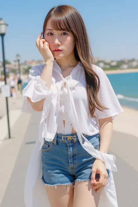 "A fashionable woman with long wavy blonde hair, wearing oversized black sunglasses, a chic white blouse, and denim shorts. She is walking along a beach promenade with a bright blue sky and ocean in the background."








































...