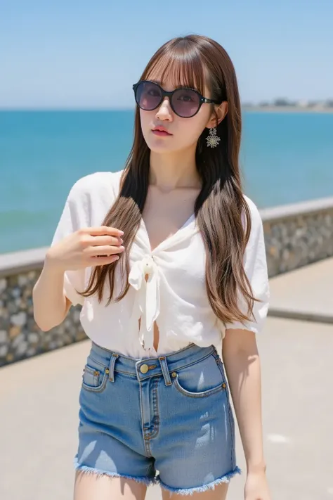 "A fashionable woman with long wavy blonde hair, wearing oversized black sunglasses, a chic white blouse, and denim shorts. She is walking along a beach promenade with a bright blue sky and ocean in the background."








































...