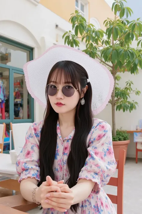 
"A young, adorable woman with straight black hair, wearing round, retro sunglasses, a trendy floral dress, and a floppy hat. She is sitting at a café table in a busy city, enjoying her coffee and people-watching."









































...