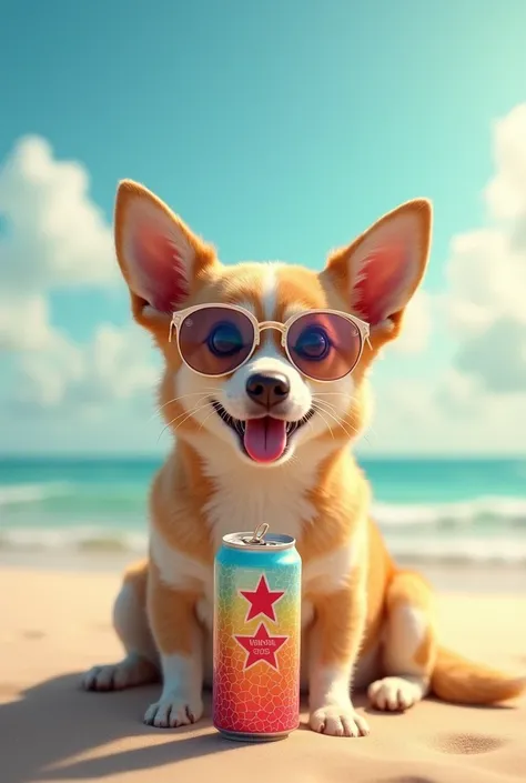 A random image of a dog with a soda and lenses on the beach