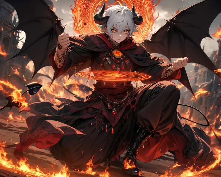 alone, Demon boy, 26 years old,  black demon horns, ( black demon tail,  expressive demon wings),  white short hair, orange eyes,  muscular,  demonic tattoos, Harem pants , Amulet with red crystal, dark magician's robe,  black boots ,  closed mouth, Fire m...