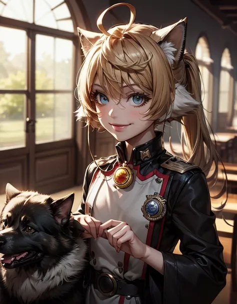 1 Girl, solo, police dog girl, dog ears, high-tech android, tries hard! 1 girl solo, police dog girl, dog ears, high-tech android, working hard, crisp eyebrows, motivated, collar, police outfit, medal badge, many bangs, fluffy hair, chestnut hair, AHOGE, s...