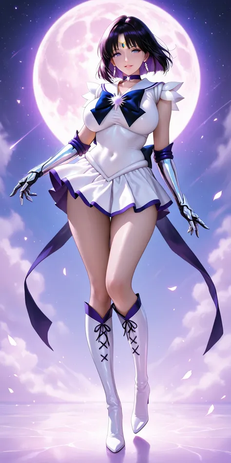 Masterpiece, newest, vibrant, very aesthetic, high contrast, mature woman, sailor saturn\(sailor saturn\), tall , big breast, white sailor senshi uniform (white sailor senshi uniform shirt, white sailor senshi uniform gauntlets, white sailor senshi uniform...