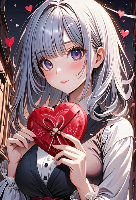 (High Definition, masterpiece, Accurate, top quality, High Definition model, high detail, (((The textures are soft))), ((matte and toy-like with a handmade premium look)), (((Tim Burton style))), A female student trying to give heart-shaped chocolates in a...