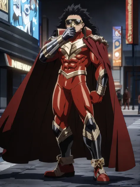 (masterpiece, best quality, anime, anime coloring:1.3, superhigh res). (((Render full body portrait of male superhero, a man with a muscular build and tall height . . It has a predominantly red spandex suit with white and gold details . He is adorned with ...