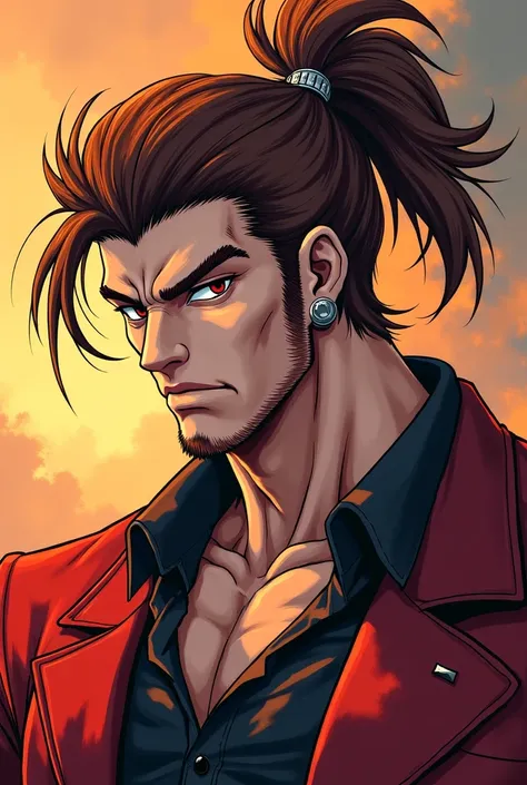 Middle age White anime character, with metal studs in eyebrows male, gangsterboss, very thick lion male in ponytail brown hair,brownred dark eyes, handsome, sexy, piercings , more muscle, 80's outfit Buff 80's suit, poofy lion mane hair No beard evil face,...