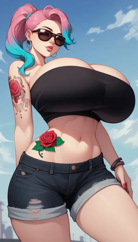 ((Busty Bitches)), score_9, score_8_up, score_7_up, source_anime, highly detailed, 1girl, ultra cute, ultra sexy, ultra curvy, ultra bouncy, ultra feminine, gigantic breasts, ecchi, cutesy , ((sluts redefined, tube top, sunglasses, whore, gaudy, dyed hair,...