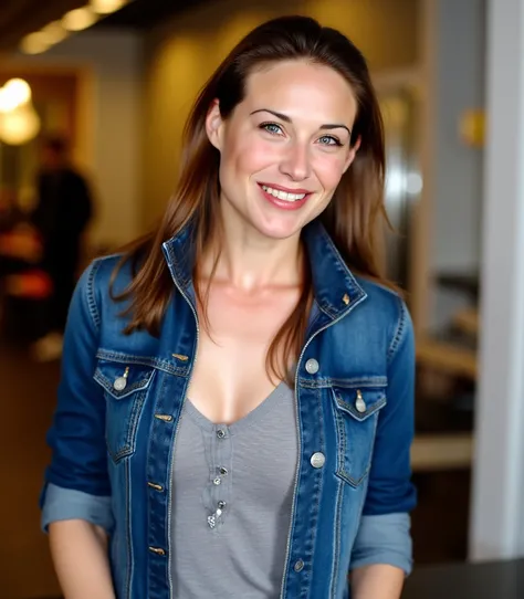 This a beautiful photograph of a young, busty, slender, big-breasted woman standing in a cafe, looking at the viewer, smile. She  has  brown hair, which is pulled back into a low ponytail. She has a slender build and is wearing a casual outfit consisting o...