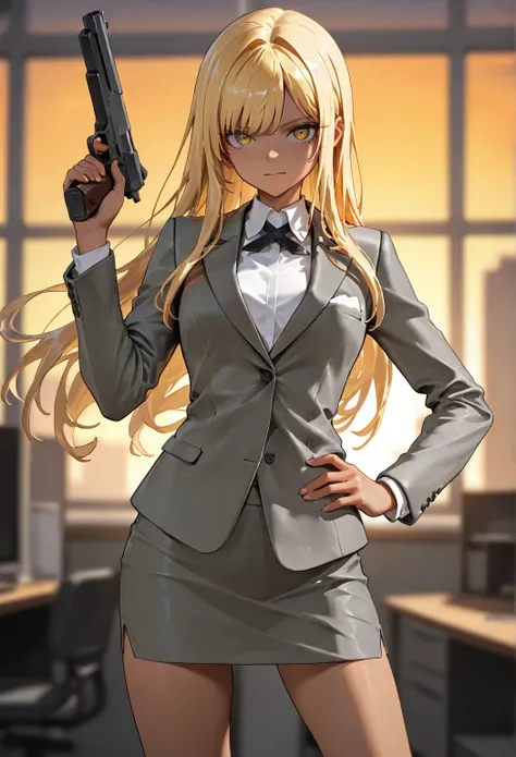  very pretty girl.,   magnificent face,   Long Blonde  ,    Skirt , secretary,  Blurred background , In the office,  sunset,  in a dark gray suit, White underwear , Tanned skin,  Smooth face , Holding a gun