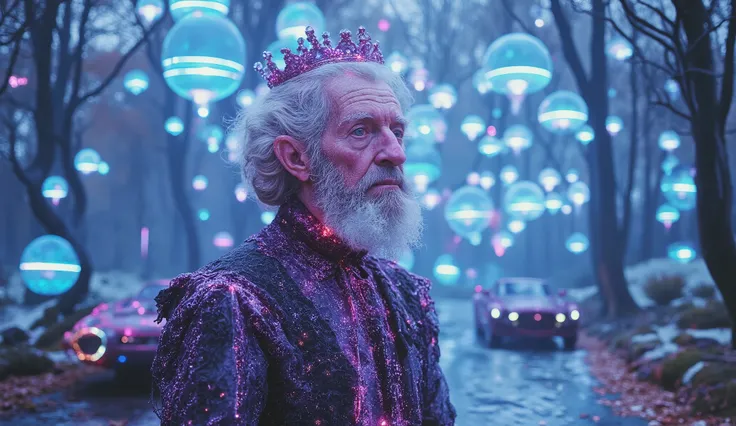 In the heart of the Norwegian forest, spring has arrived, and a rave is in full swing, blending Victorian elegance with high-tech futurism. A close-up of an 85-year-old Nordic grandfather with a white beard, wearing a Victorian dress with lace, but adorned...