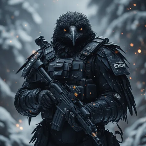  Include a spec ops black feathered Crow. Donned in modern tactical armor. Include the name "MSOG" on uniform shoulder. Include the name "Crow" on armor. Intimidating dynamic pose. A sinister smug look. Spec Ops logo, assault rifle, Military silver and bla...