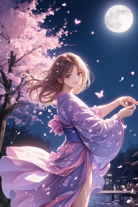 A forest of weeping cherry blossoms shines like a quiet atmosphere at night、One young beautiful woman illuminated by the full moon、A big smile、 supple and curved proportions、 holding a dance fan in her right hand 、 sexy feet 。
 cherry blossom pattern scatt...