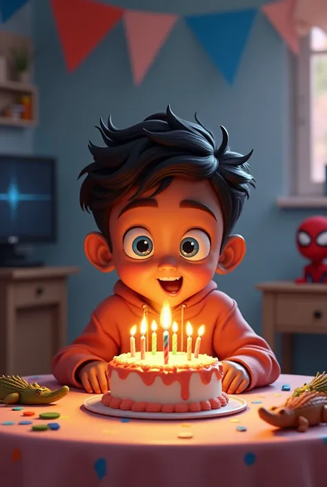 I need a picture of a brown boy with blue eyes blowing out the candles because it's his birthday. He likes crocodiles and computers., And Spiderman and his name is Pablis 