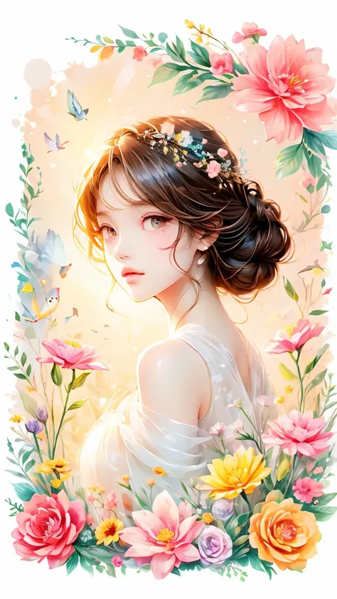  high quality image 、 beautiful girl 、  Beautiful Illustrations 、Bouquet in hand、The background is full of light、Two-dimensional elements、drawing style free illustration art、