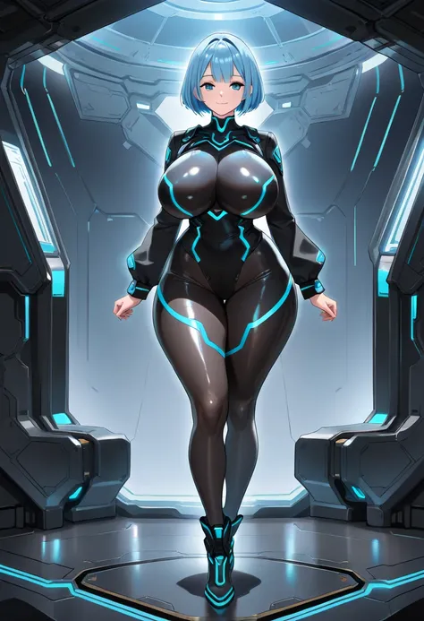 1girl, smile, light smile, blue hair, short hair, blue eyes, huge breasts, wide hips, thick thighs, black bodysuit, black clothes, black pantyhose, bodysuit, sleeves, long sleeves, pantyhose, futuristic, science-fiction, neon trim, neon, ((full body)), sta...