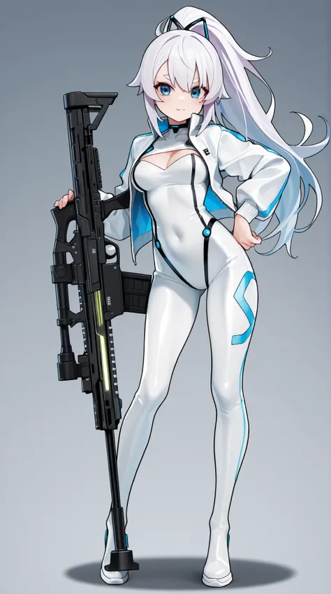 Full body cyber girl with a ponytail. Ariana Grande's face. Bright white color to show she's a cyber girl whit laser rifle. white eyebrows. clothing like catsuit. She also has bright blue eyes. The environment is terminator like. Hair is platina. She is li...