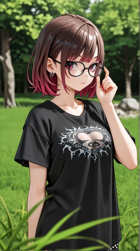 punk girl wearing glasses and a dark shirt, blurred green grass and trees in the background, short brown hair, detailed face, high quality, high resolution