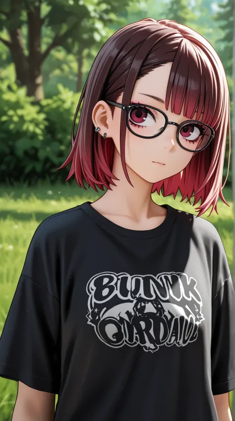 punk girl wearing glasses and a dark shirt, blurred green grass and trees in the background, short brown hair, detailed face, high quality, high resolution